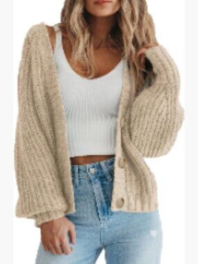 Chunky Knit Open Front Cardigan Long Sleeve Button Loose Short